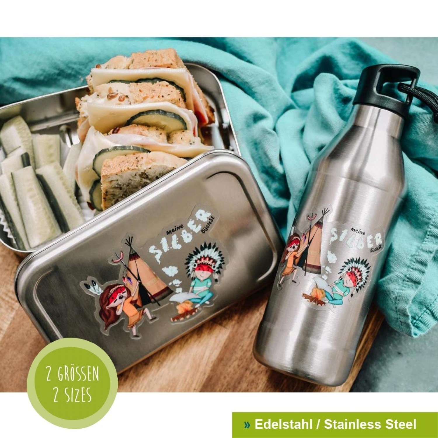 Edelstahl Lunchbox & Flaschen Set 'Silberbüchse' für Kinder » Tindobo