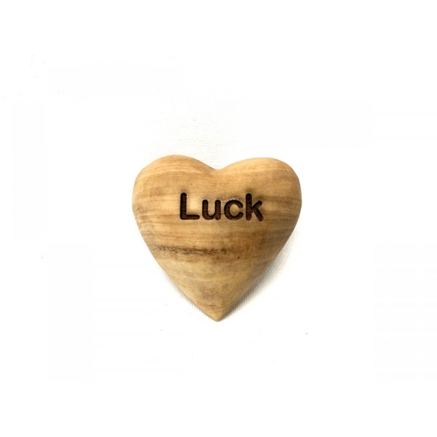 Graviertes Olivenholz Herz Handschmeichler mit inspirierendem Schriftzug – Luck