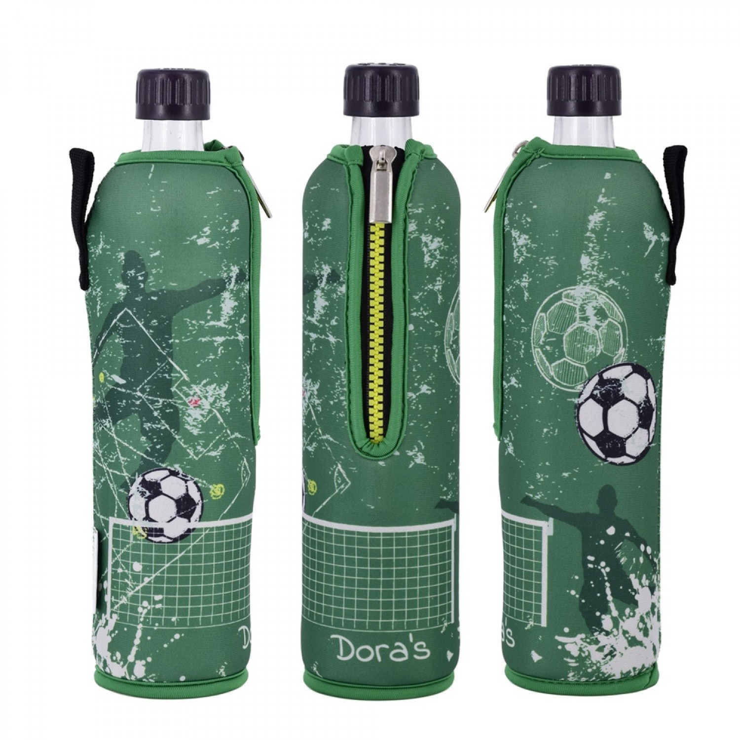 Dora's Glasflasche mit grünem Fußball-Neoprenbezug