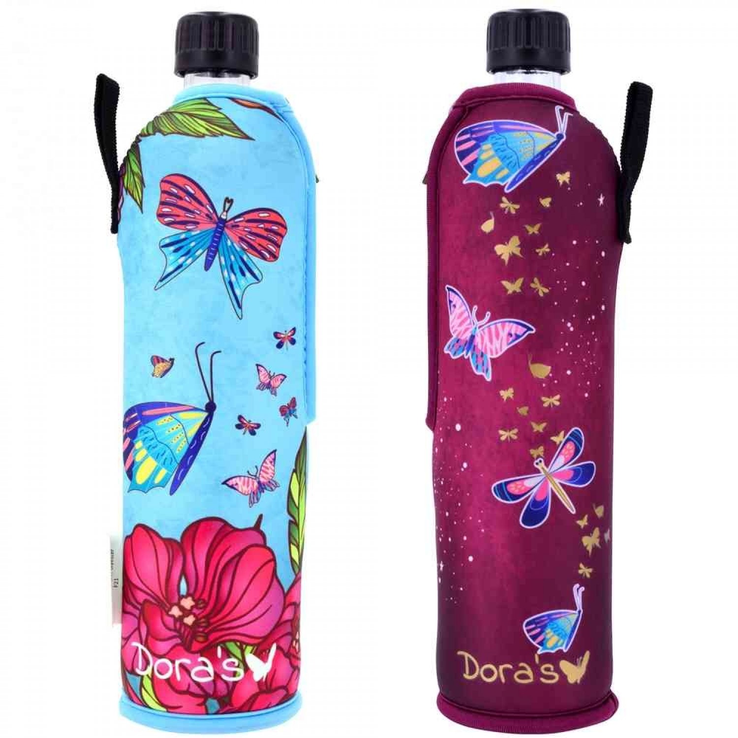 Dora's Trinkflasche mit Schmetterling Neoprenbezug