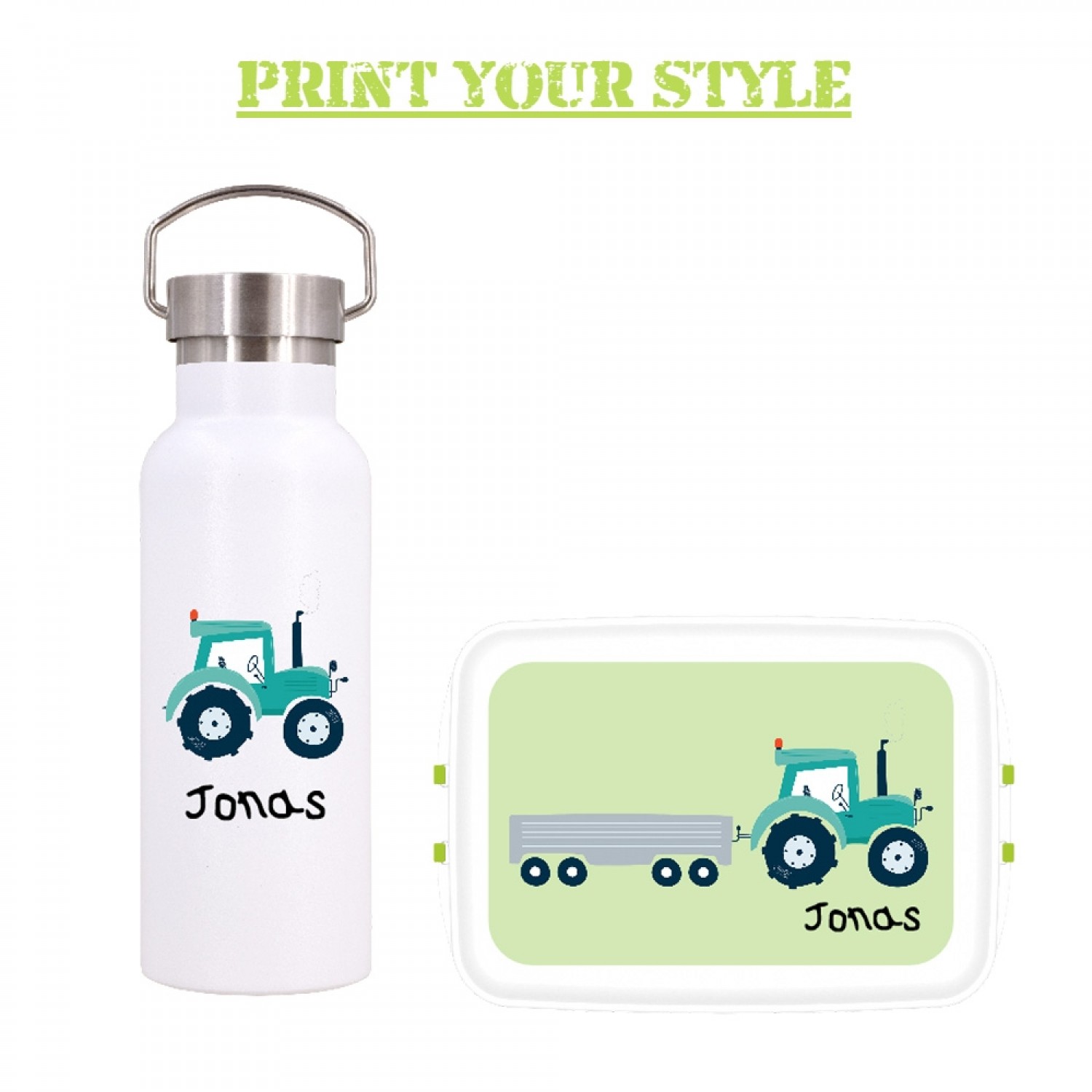 Öko Lunchbox-Set inkl. Flasche Traktor mit Namen » Dora