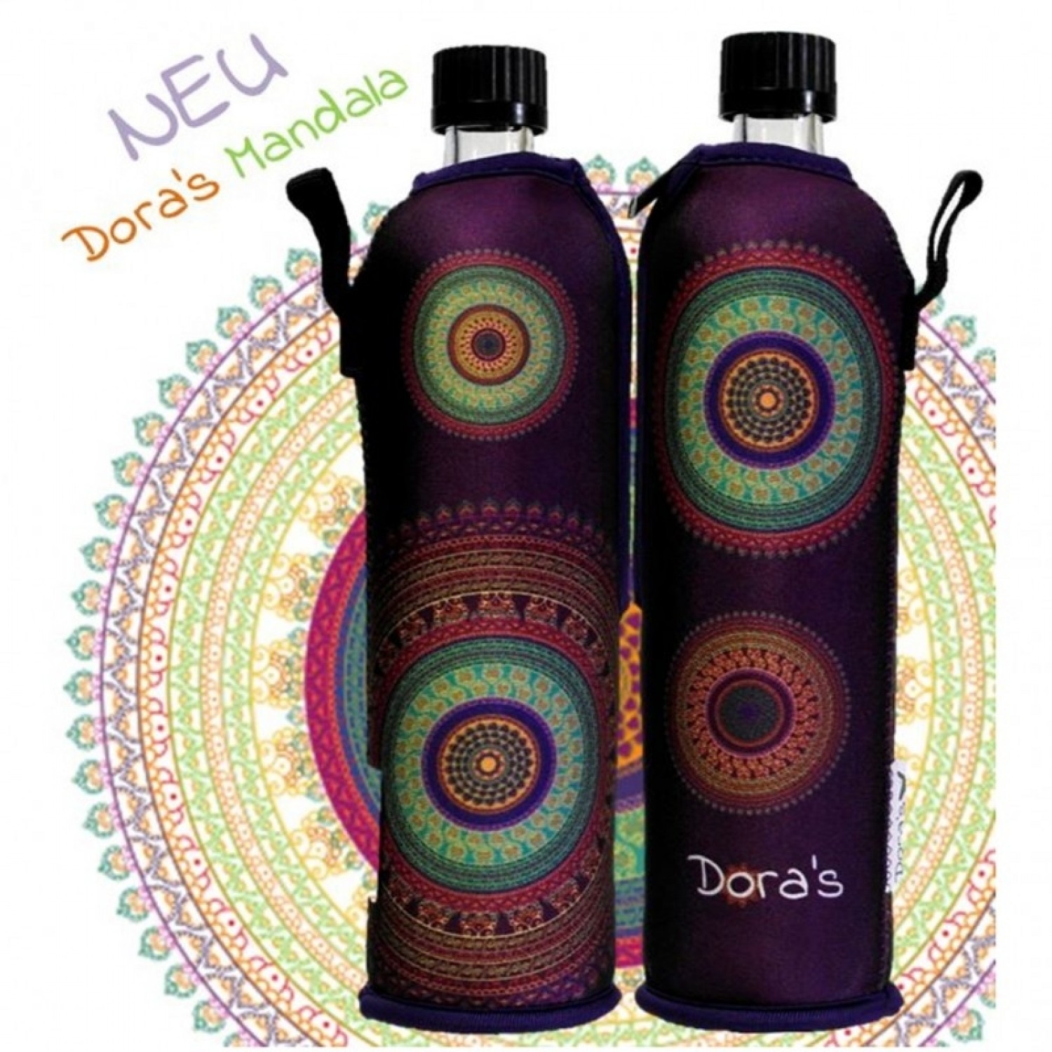 Dora's Glasflasche mit Neoprenbezug „Mandala“
