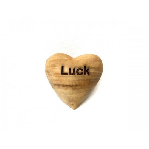 Graviertes Olivenholz Herz Handschmeichler mit inspirierendem Schriftzug – Luck