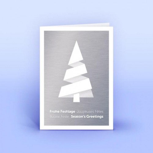 Viersprachige Weihnachtskarte moderner Weihnachtsbaum auf Metalldekor » eco-cards