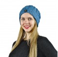 Alpaka Mütze Marie für Damen mit Bommel und Rippmuster, One Size, Blau-meliert
