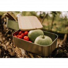 Edelstahl Brotdose Premium Waldpicknick – Lunchbox mit Buchenholz-Deckel/Schneidebrett