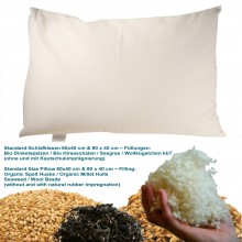 Standard-Schlafkissen, Kopfkissen mit verschiedenen organischen Füllungen in Bio-Baumwoll-Hülle 60x40 cm oder 80x40 cm 
