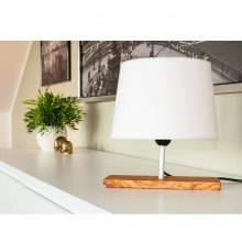 Tischlampe CHARLOTTE-ANTOINETTE rechteckiger Olivenholzsockel & Textilschirm kegelförmig weiß