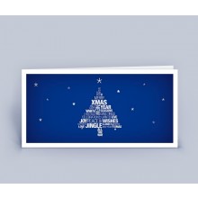 Weihnachtskarte blau – Wortwolke Christbaum mit englischem Weihnachtsgruß im 5er Set