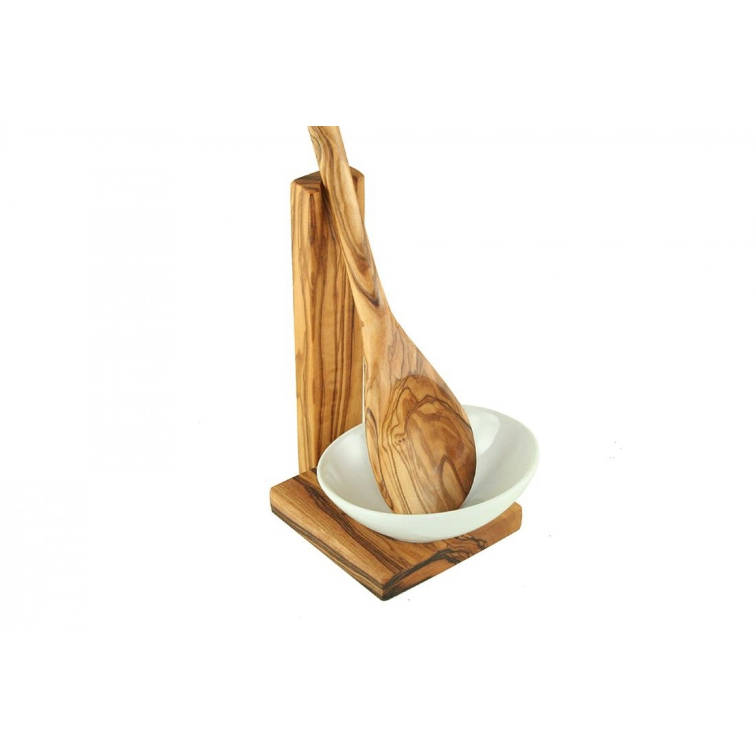 Cooking Spoon Holder - Olive Wood, with Cooking Spoon & Porcelain Bowl