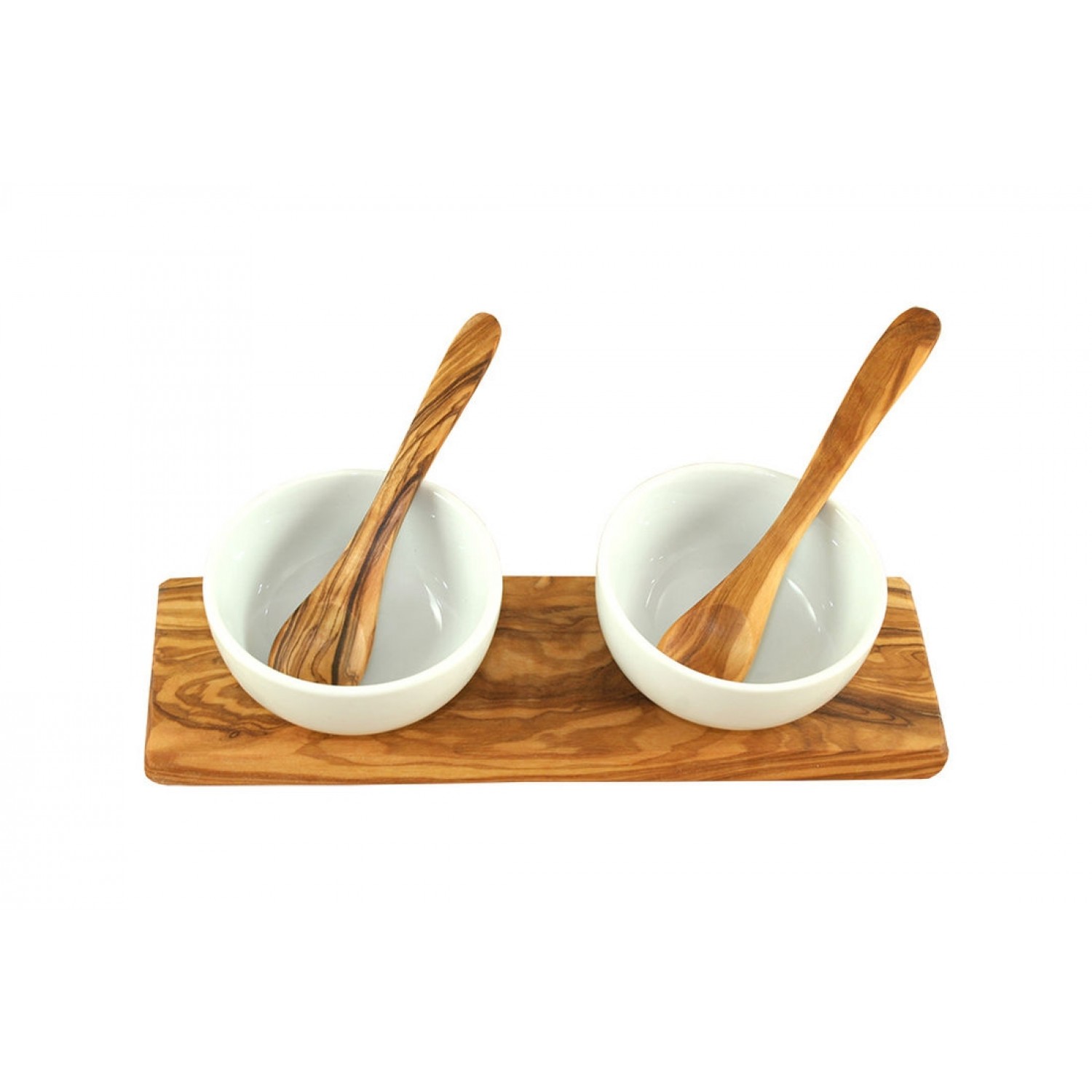 Dipping Bowls Set CLASSIC, porcelain bowls + olive wood tray + sppons
