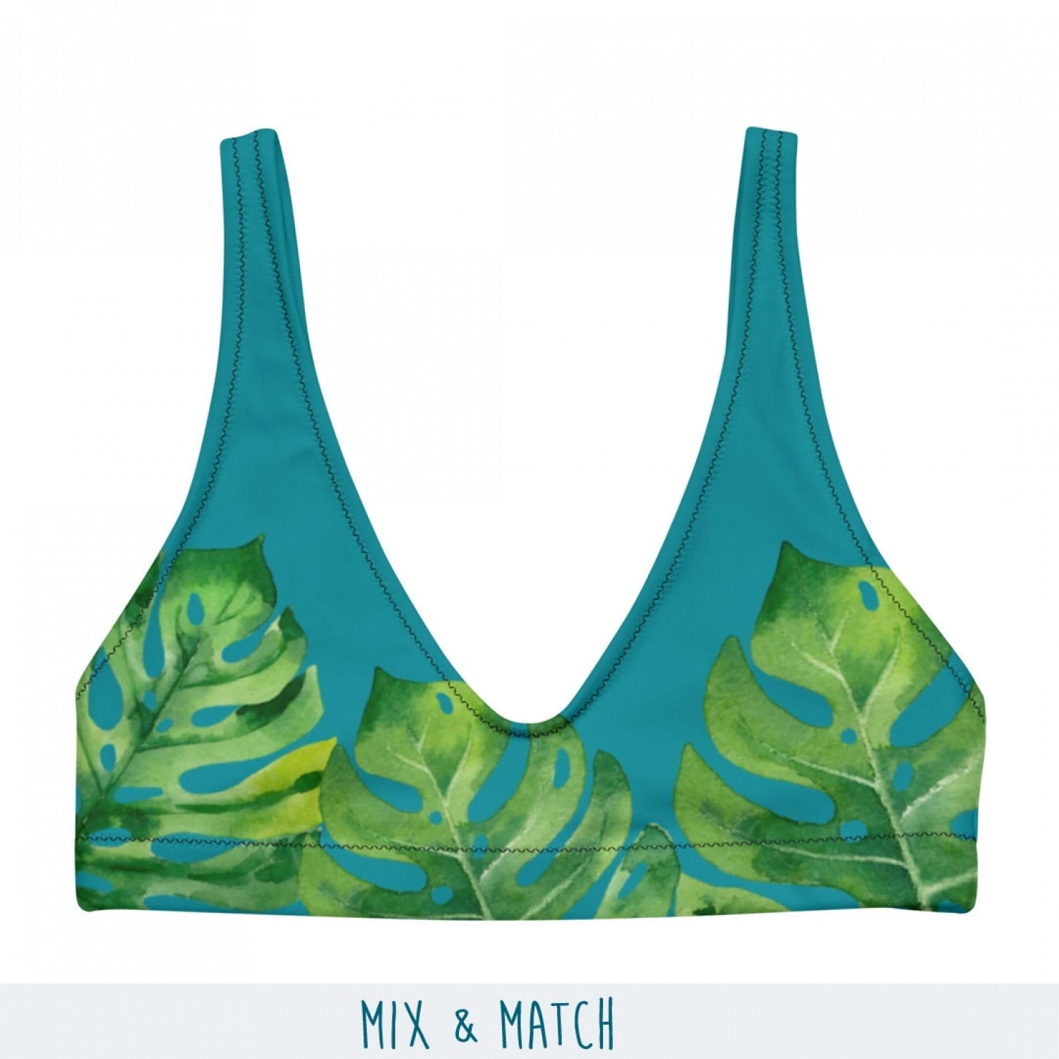 Mix & Match Recycled padded Bikini Top Monstera green/teal Alloverprint » earlyfish