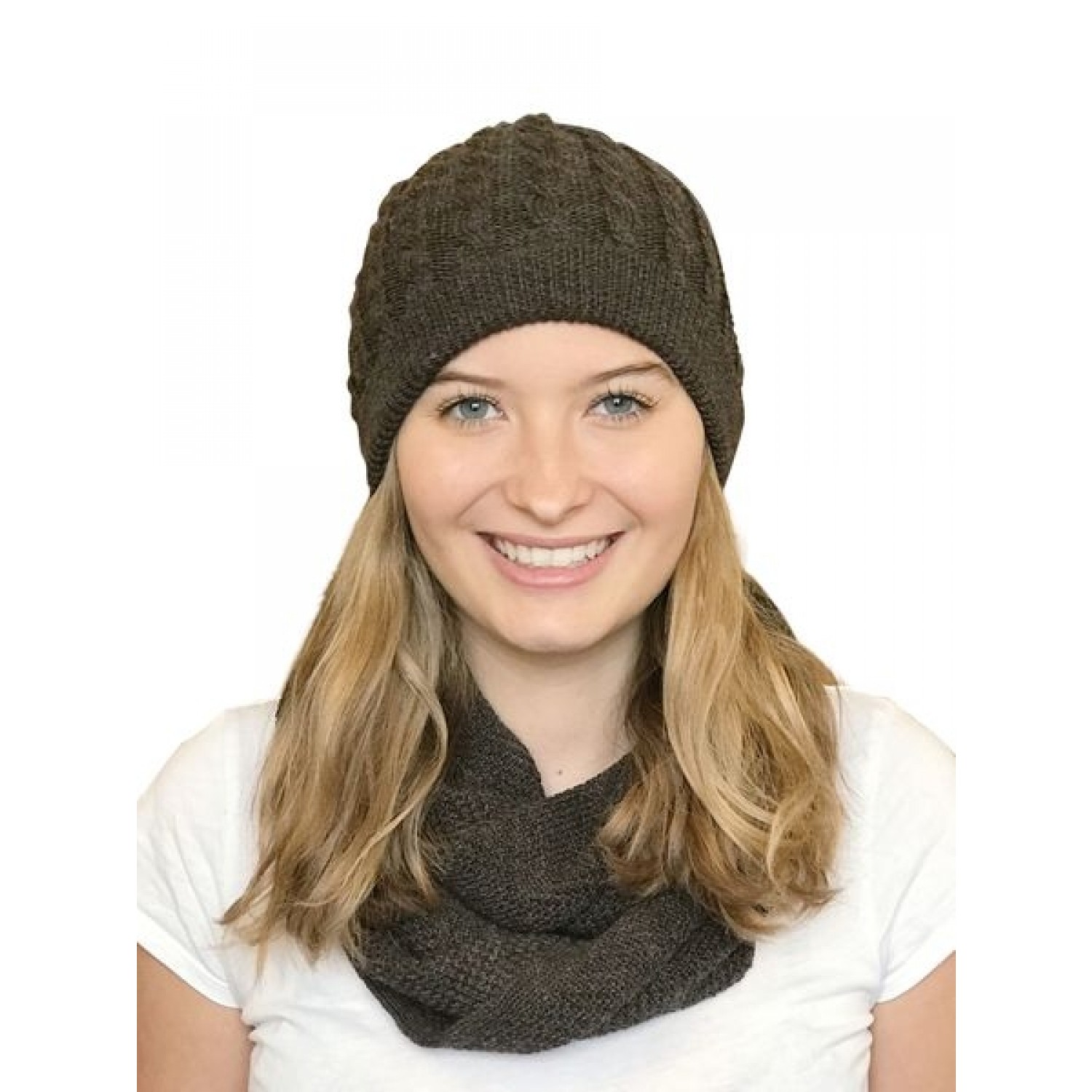 Alpaca Matching Set Loop Scarf & cable-knit Hat, brown | Albwolle