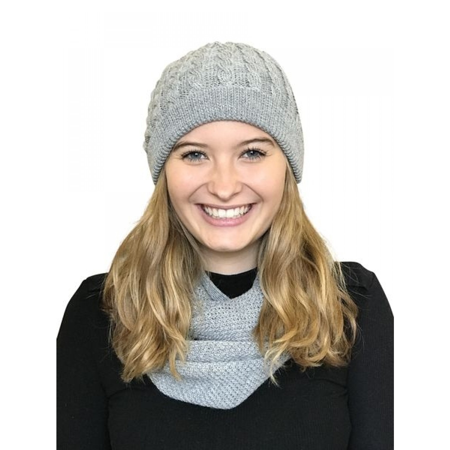 Alpaca Matching Set Loop Scarf & cable-knit Hat, grey | Albwolle