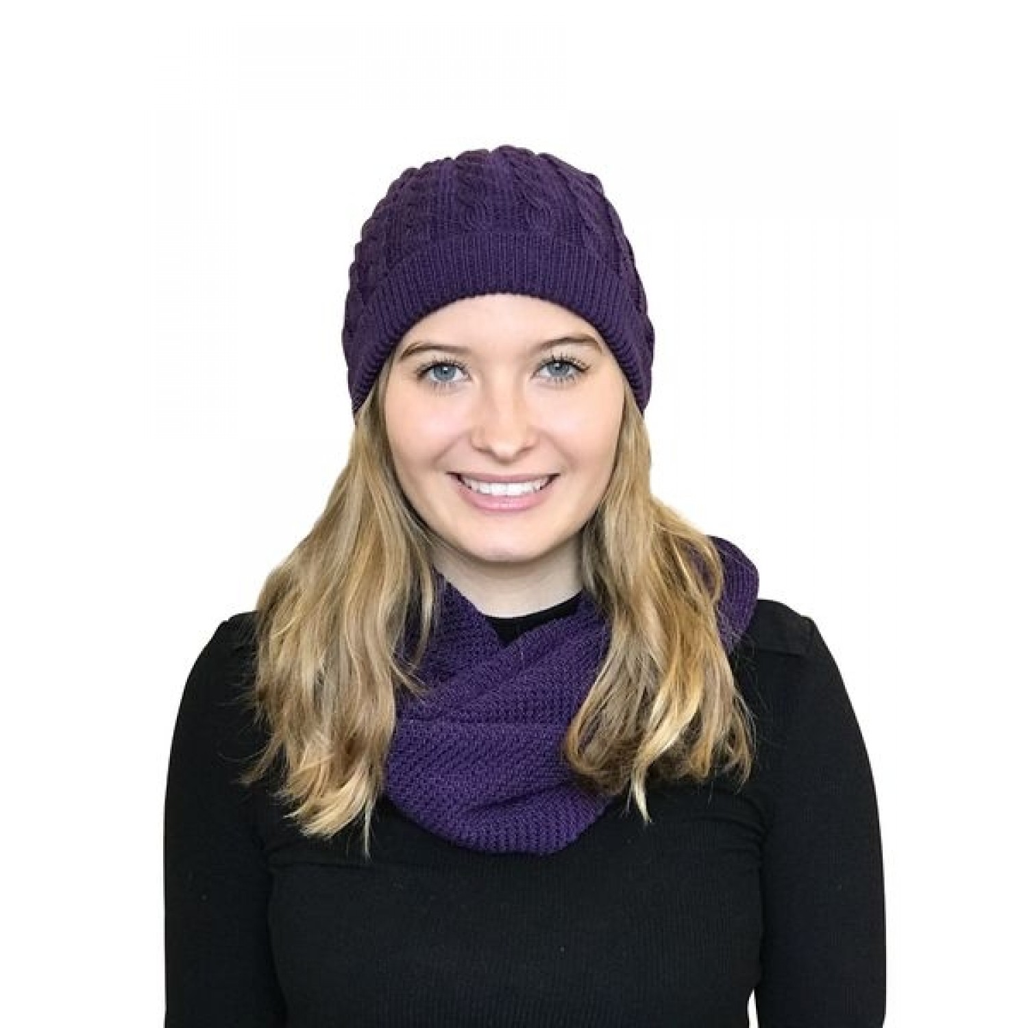Alpaca Matching Set Loop Scarf & cable-knit Hat, purple | Albwolle