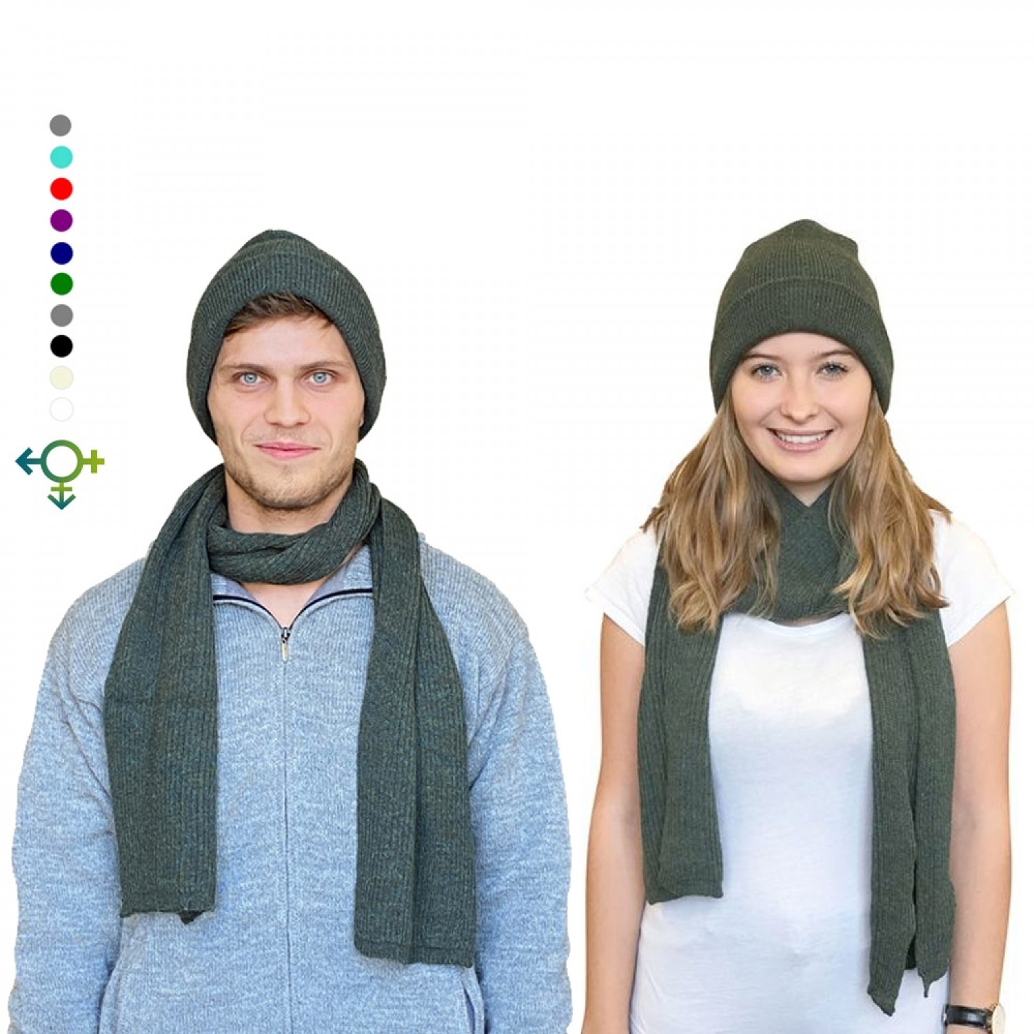 Alpaca Matching Set Beanie Hat & Scarf, green, unisex | Albwolle