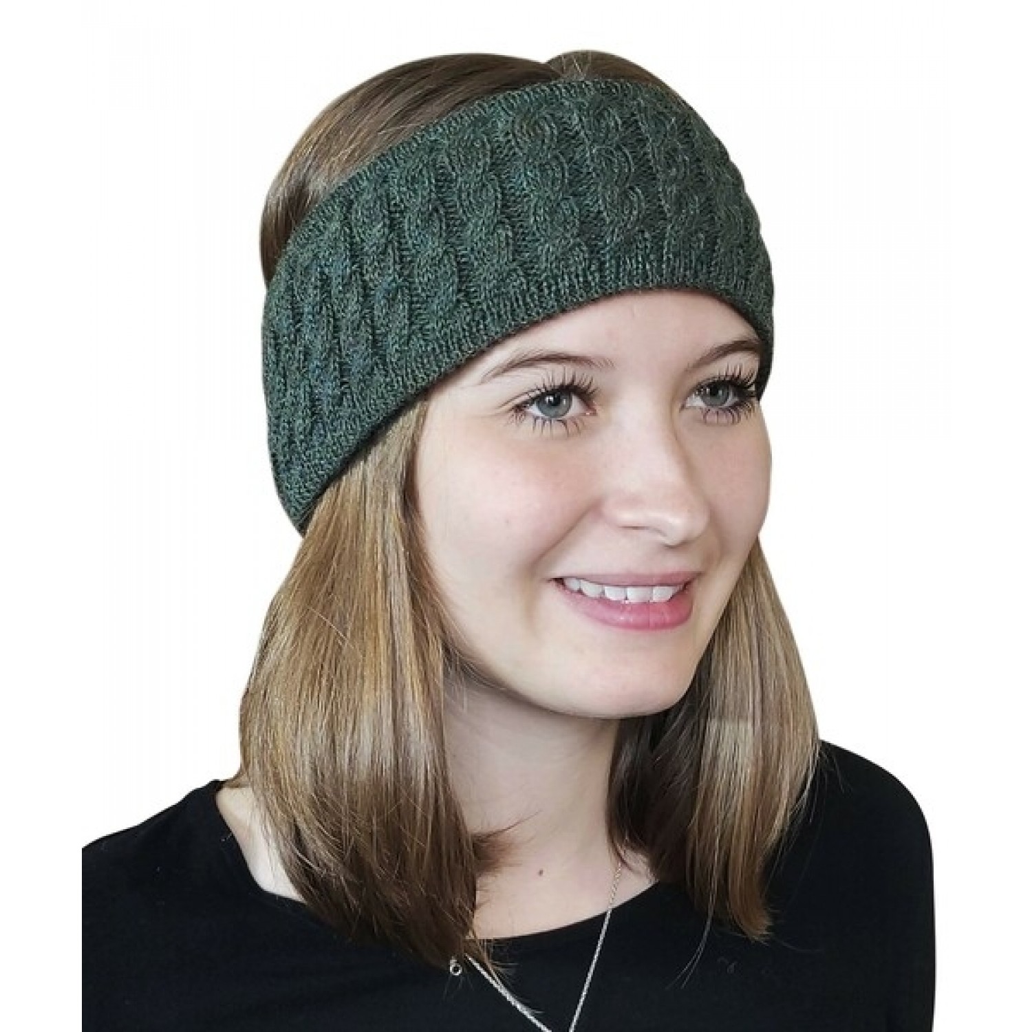 Alpaca Pure Colour cable-knit Head Band, green | Albwolle