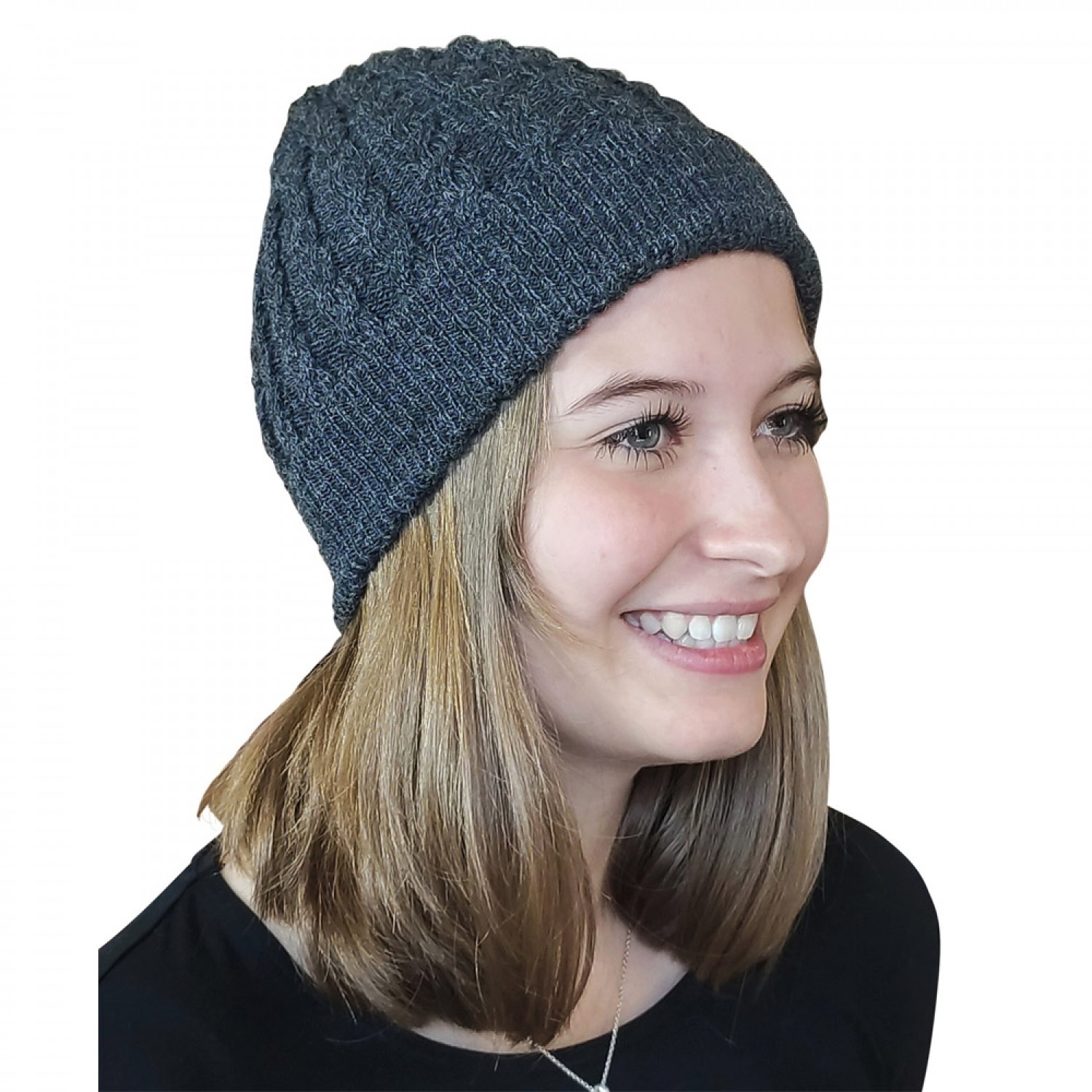 Alpaca wool cap cable-knit for women, anthracite | Albwolle