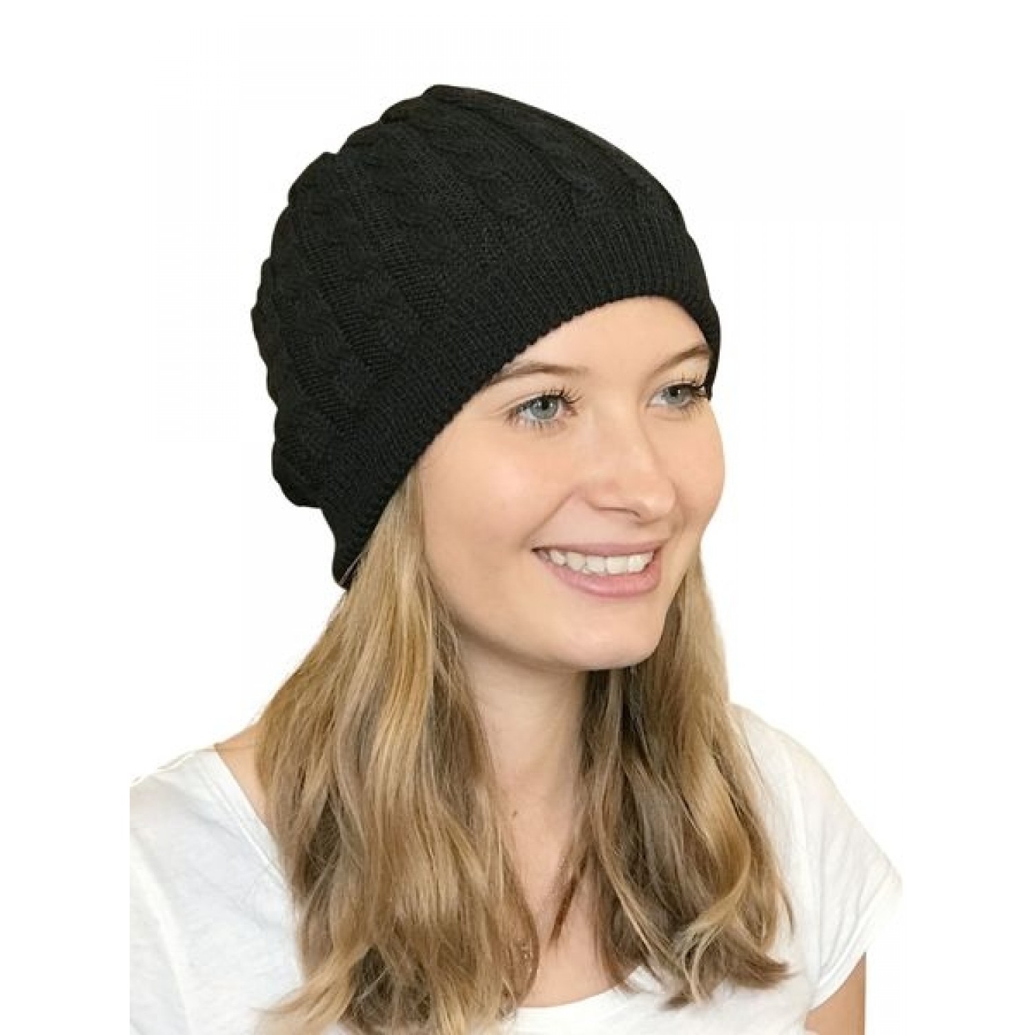 Alpaca wool cap cable-knit for women, black | Albwolle