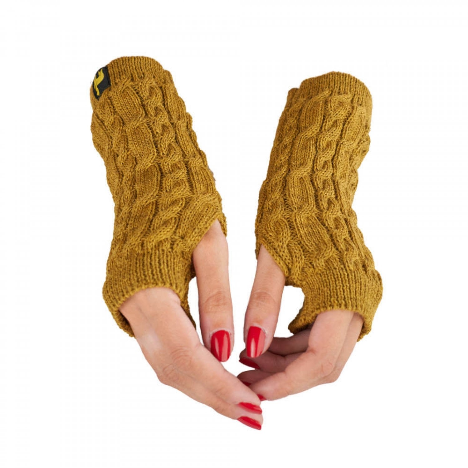 Alpaca Wrist Warmer Arosa for women, Mustard Yellow cable-knit | AlpacaOne