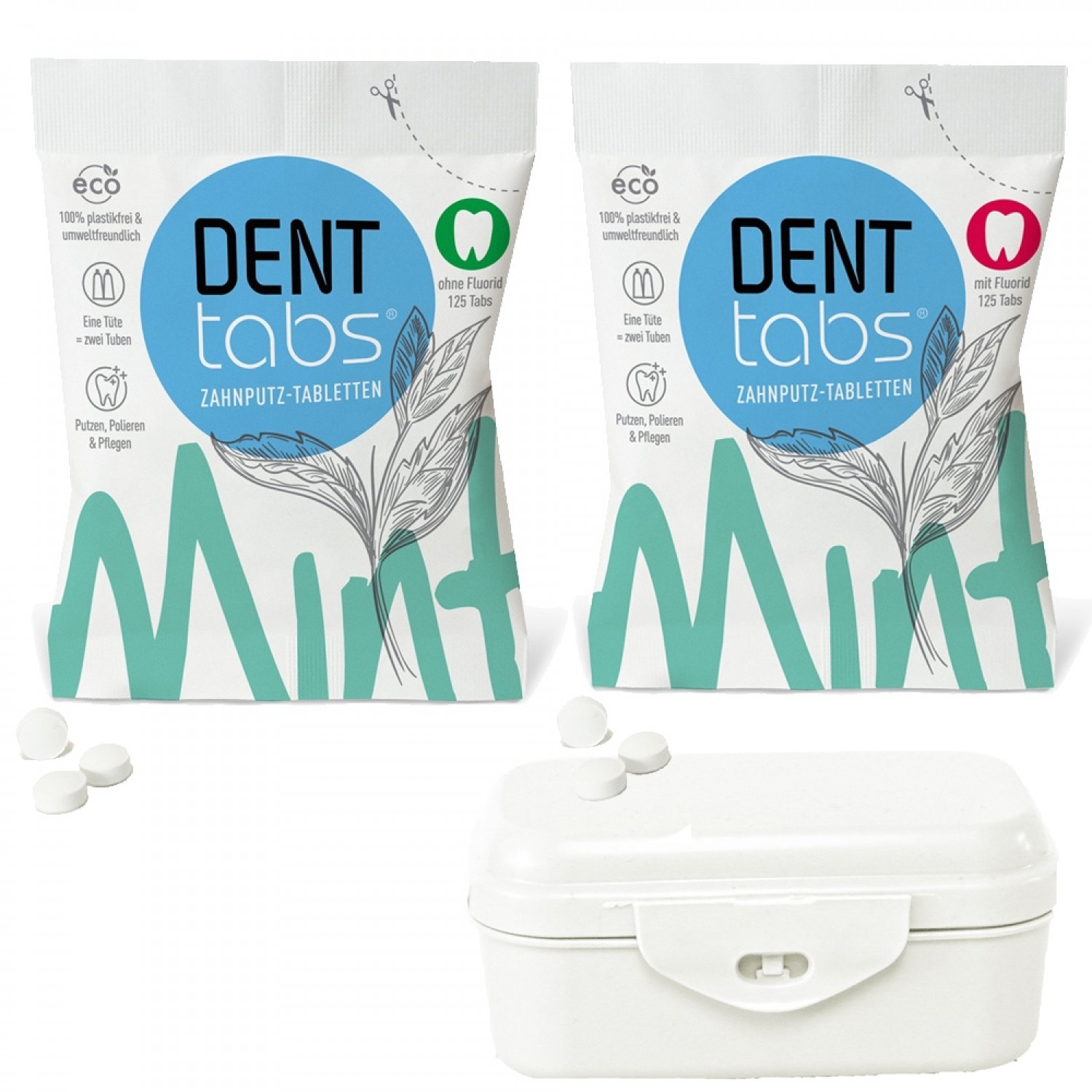 DENTTABS Teeth Cleaning Tablets Mint in bioplastic box