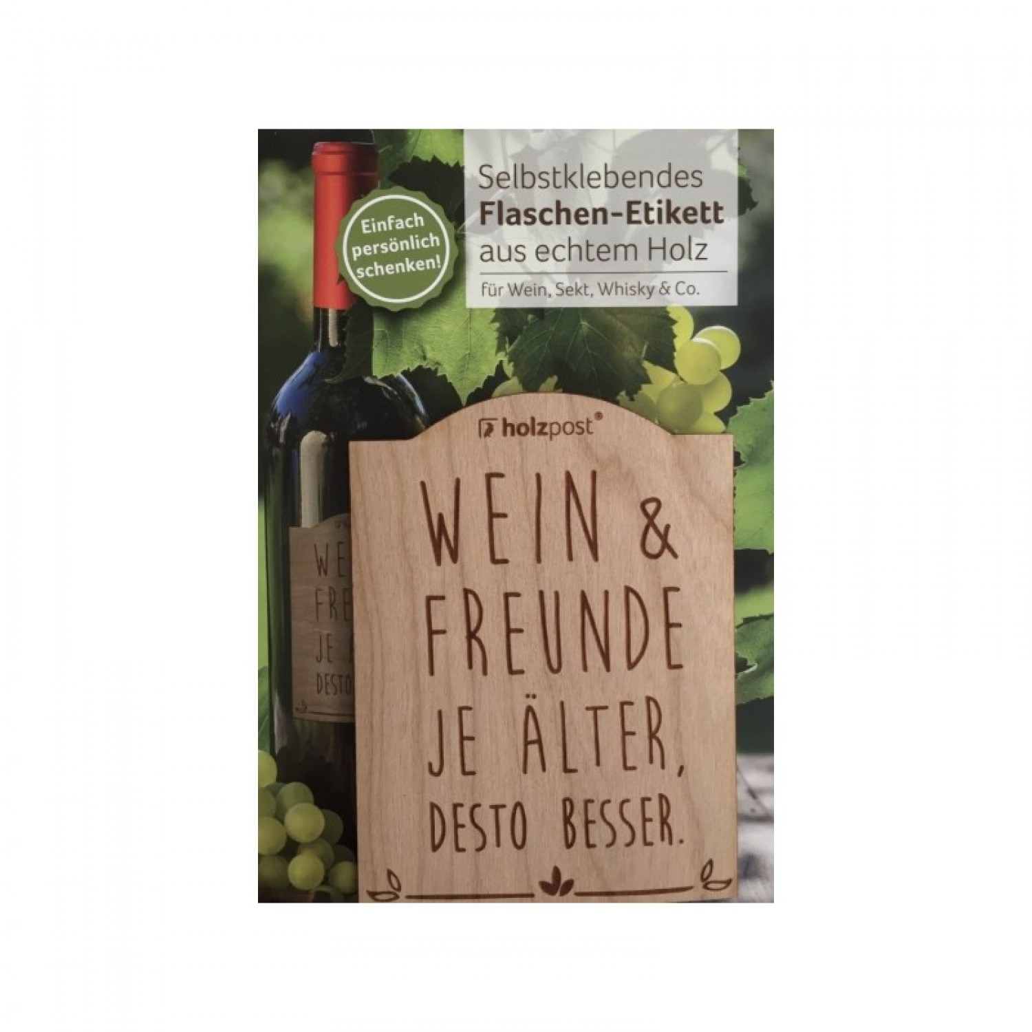 Wooden bottle label “Wine & Friends” in German 