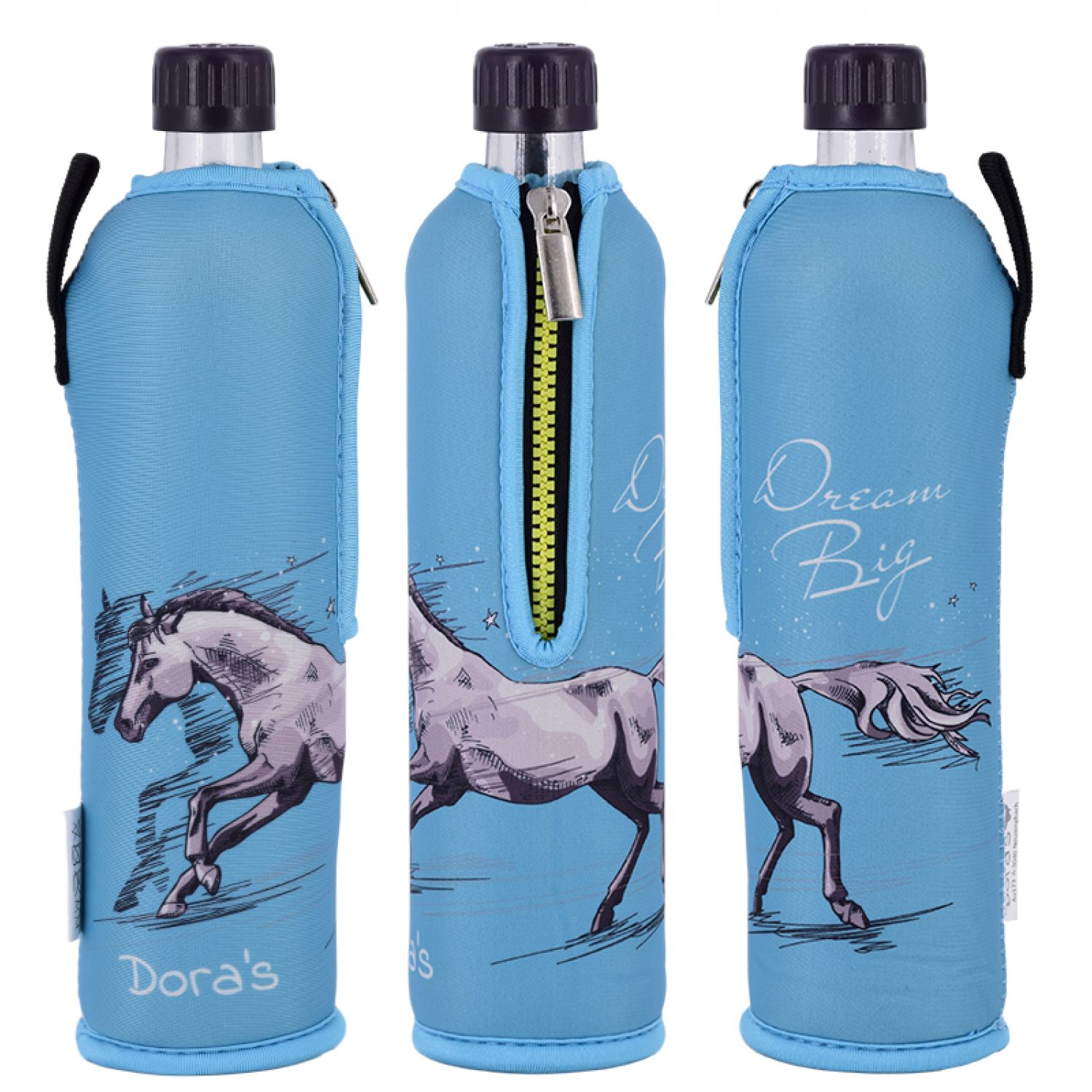 Dora‘s reusable glass bottle & horse neoprene sleeve