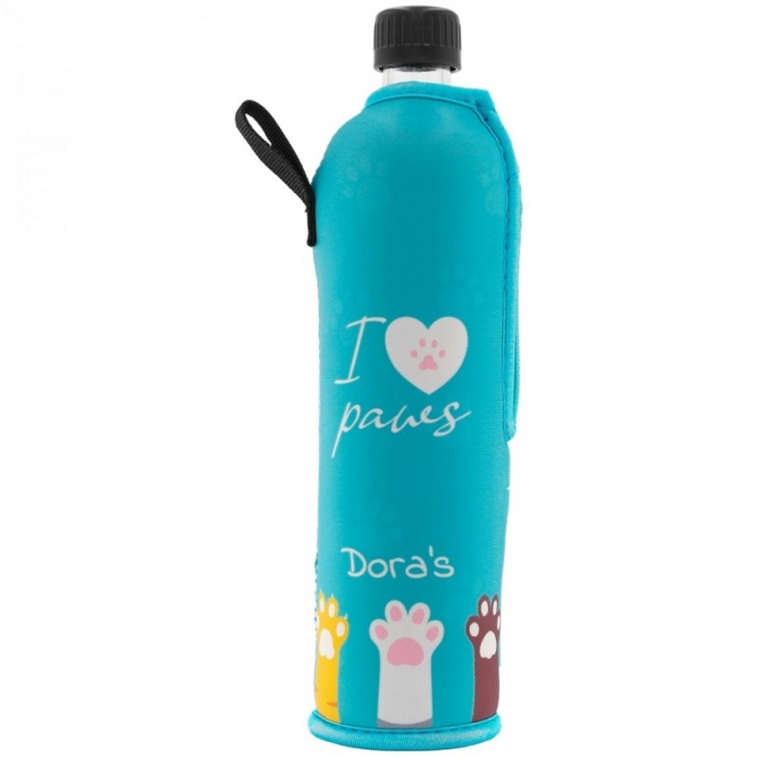 Dora‘s reusable glass bottle with »I love paws« neoprene sleeve