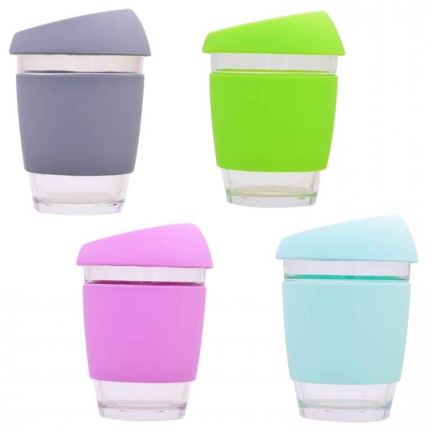 Colourful togo tumbler borosilicate glass, heat protection cuff | Dora’s