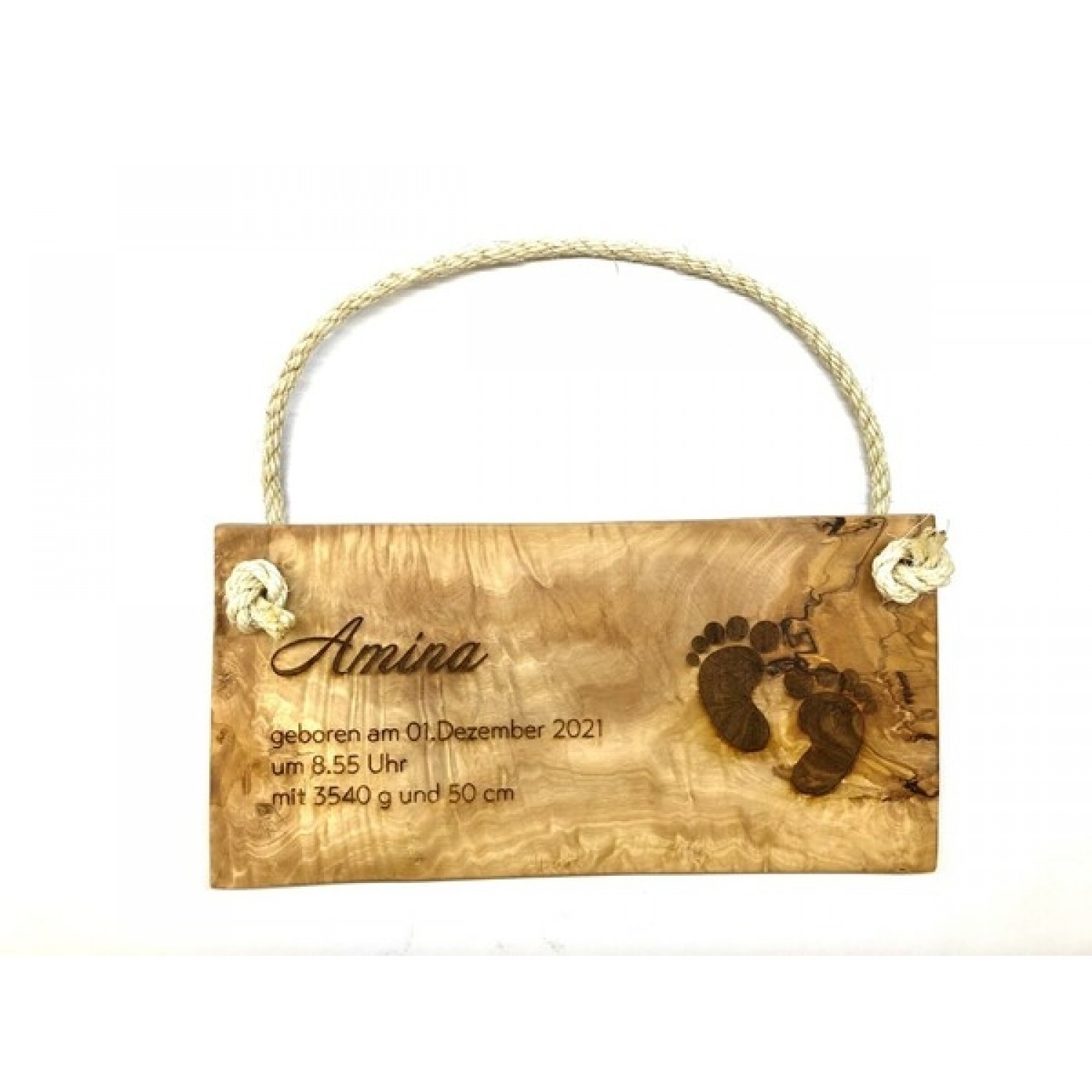 Personalisable Olive Wood Birth Announcement Sign » D.O.M.