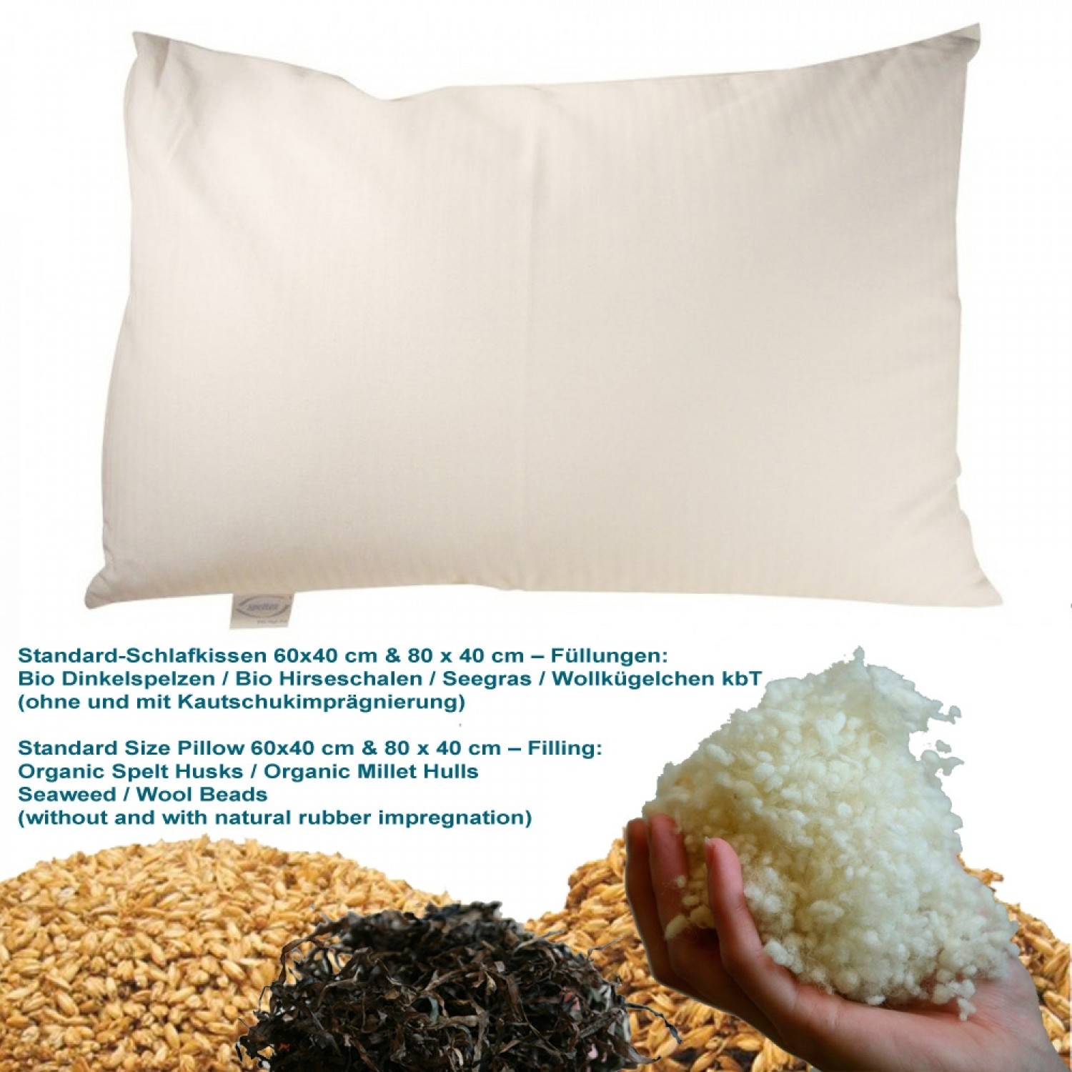 Standard size pillow with different natural filling, 2 sizes | speltex