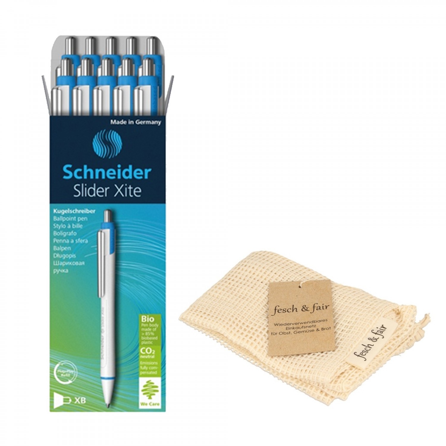 10 Ballpoint Pens Schneider Slider Xite in eco cotton string bag