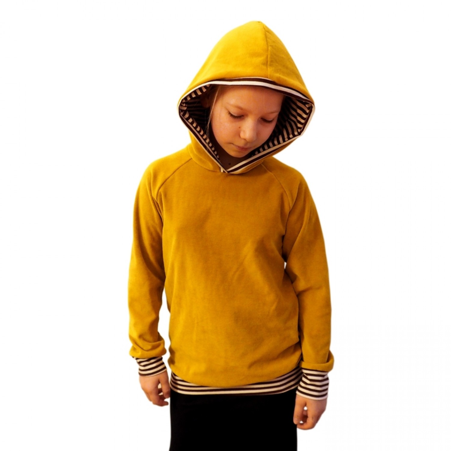 Yellow Hoody for children, eco cotton, striped lined hood | bingabonga