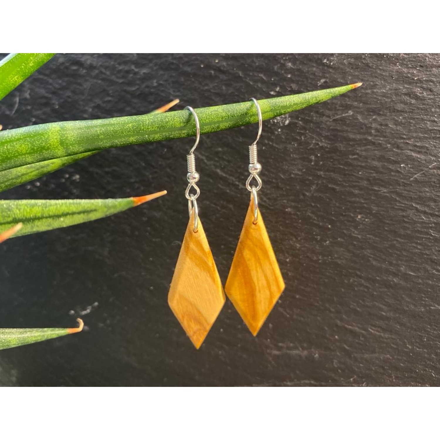 Rhombus Long Olive Wood Dangle Earrings » D.O.M.