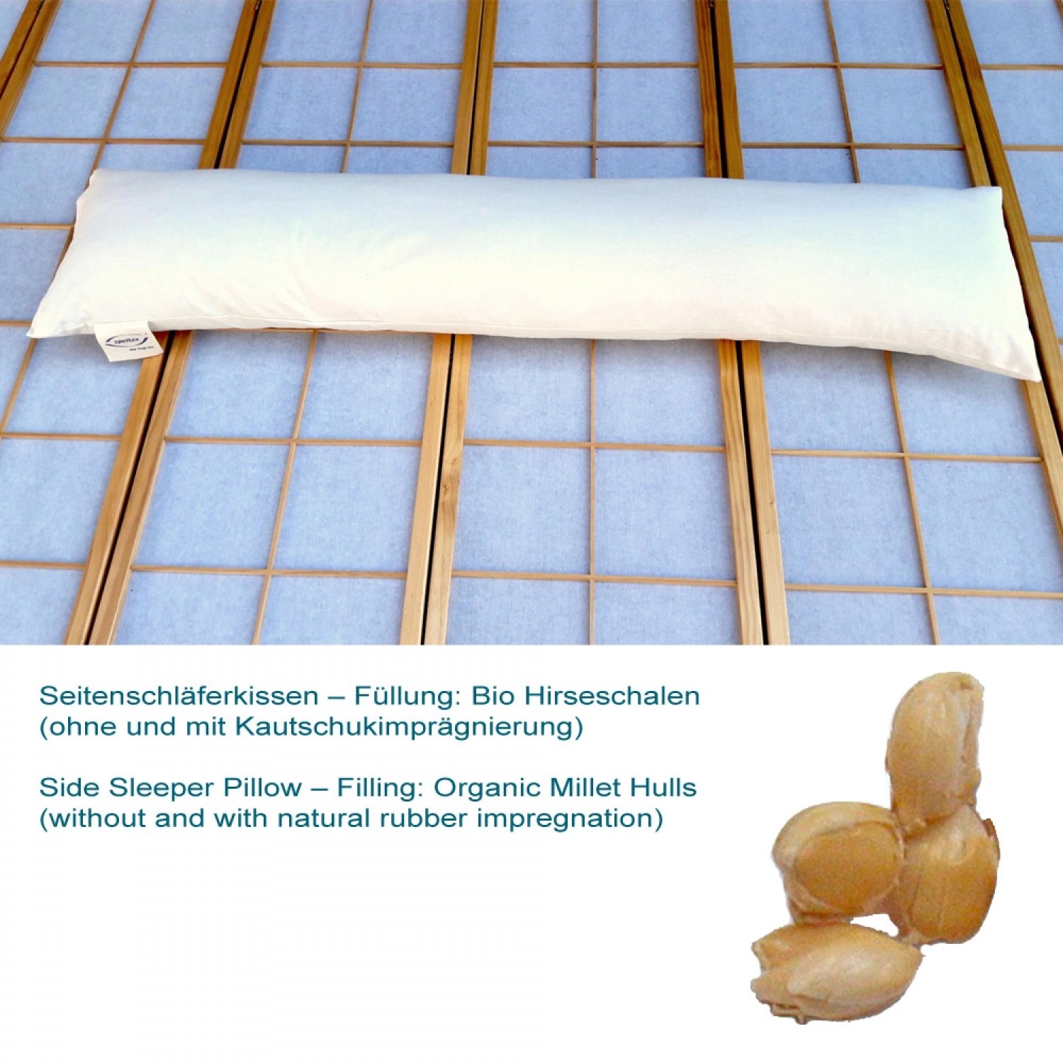 Side Sleeper Pillow Organic Millet Hulls & natural rubber 150x35 cm | speltex