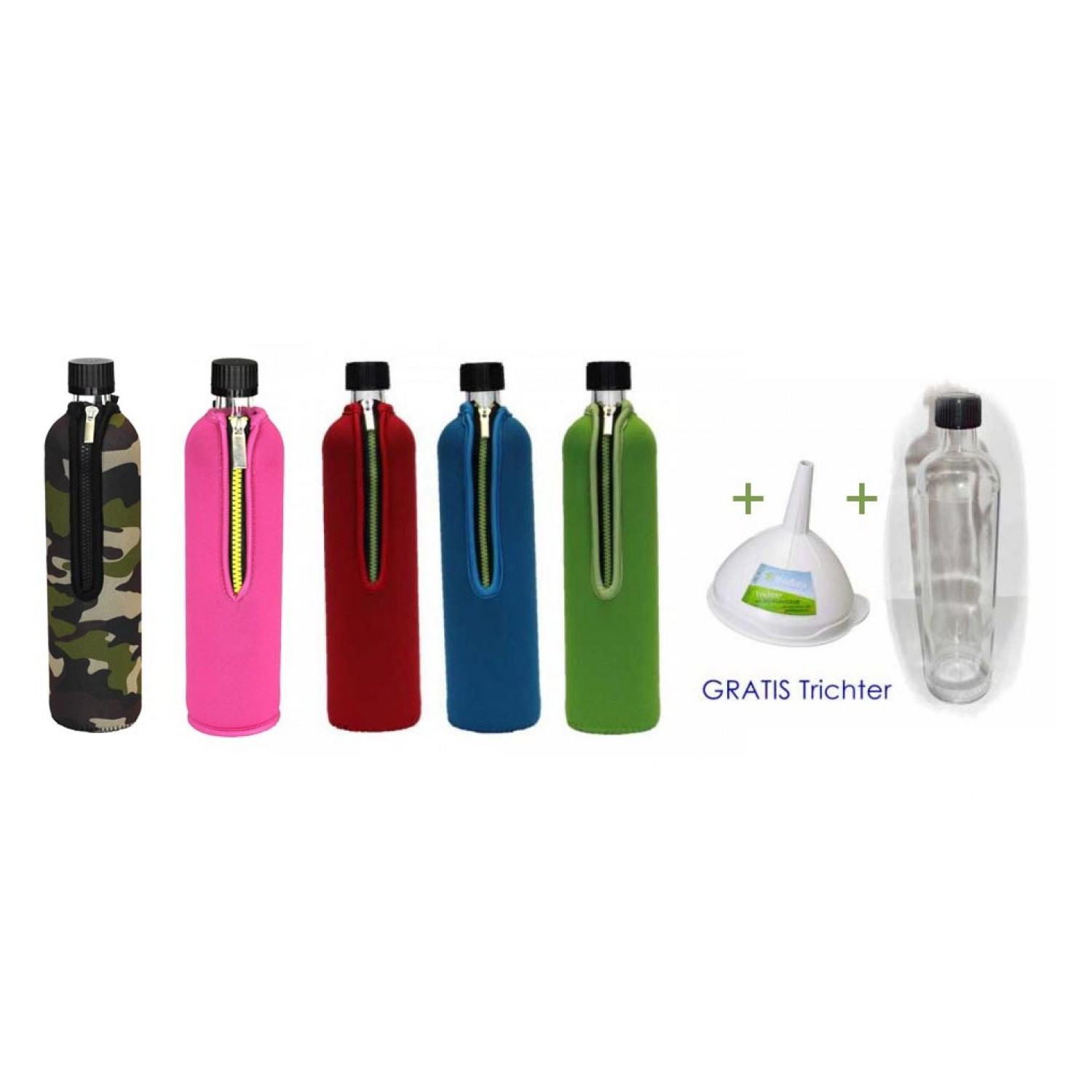 Refillable glass bottle set with neoprene sleeve & free funnel | Dora‘s