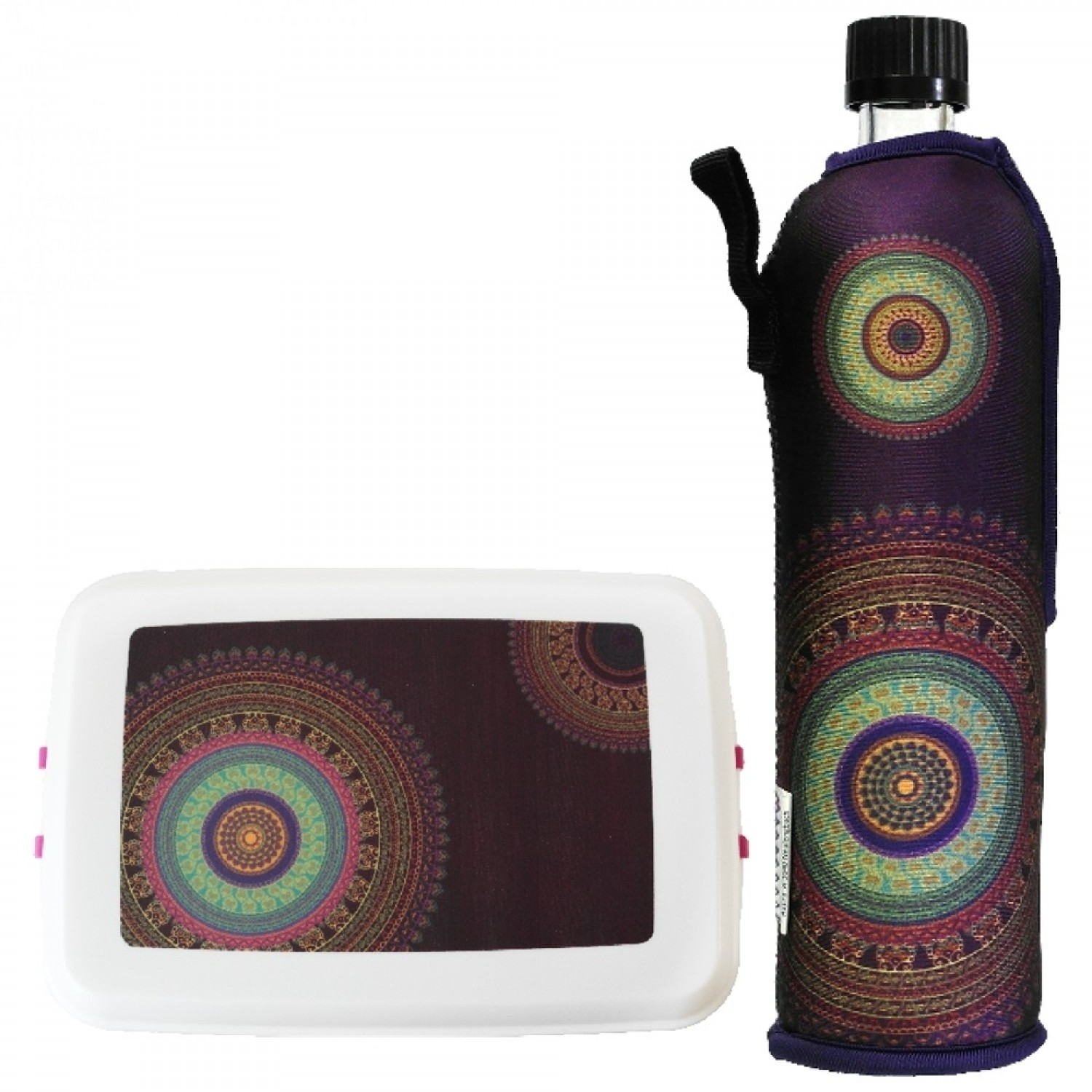 Mandala set: bioplastic lunchbox & glass bottle with neoprene sleeve