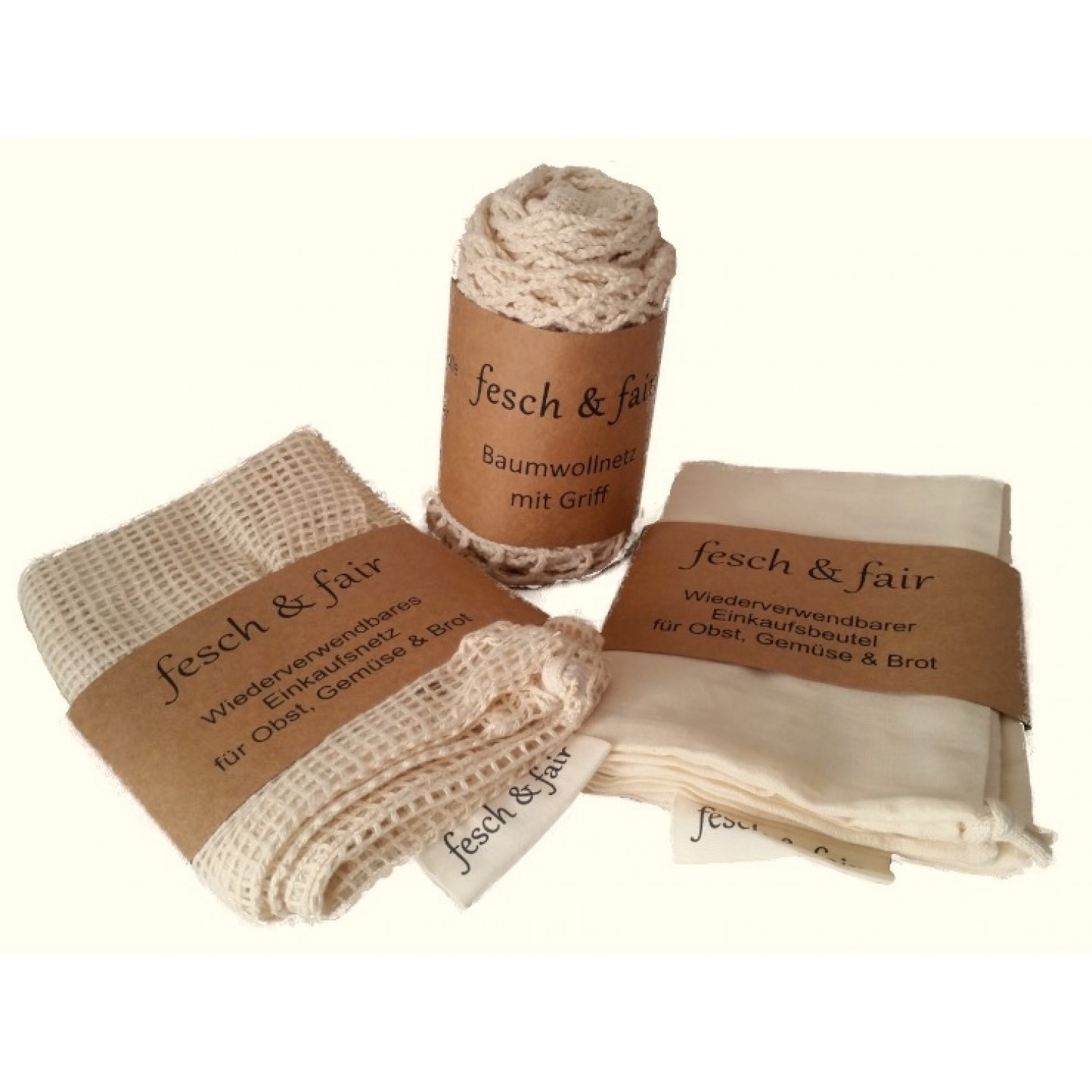 3-piece reusable Organic Cotton Shopping Bag Set - fesch & fair