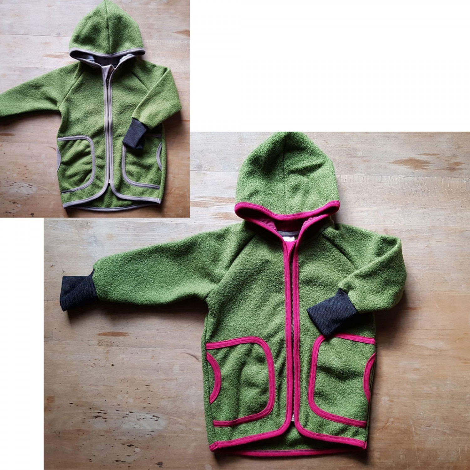 Eco Wool Broadcloth Kids Hoodie Jacket, olive & colourful seam | Ulalue