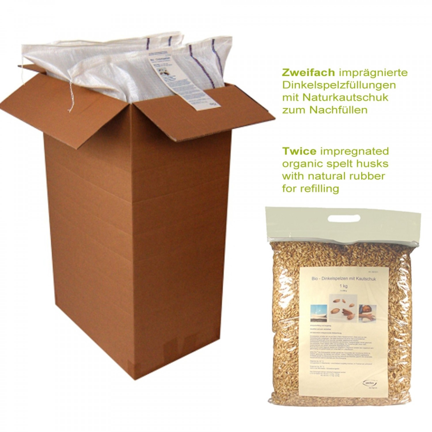 Twice impregnated organic spelt husks with natural rubber for refilling | speltex