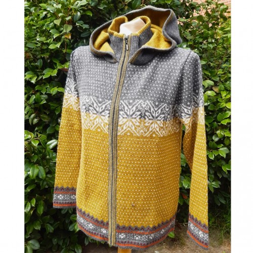 Alpaca Wool Hoodie Jacket Jacquard Pattern Yellow-Grey » Albwolle