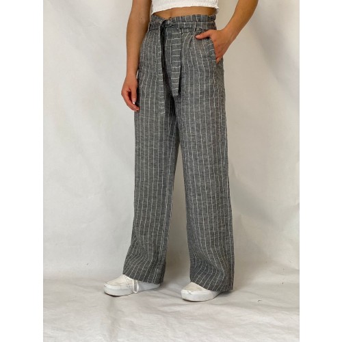 Grey Paperbag Waist Stripe Linen Trousers 'Pauline' » bloomers
