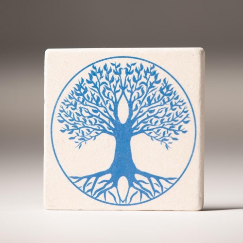 Durable individual Tree of Life Travertine Coaster – Light Blue » Living Designs