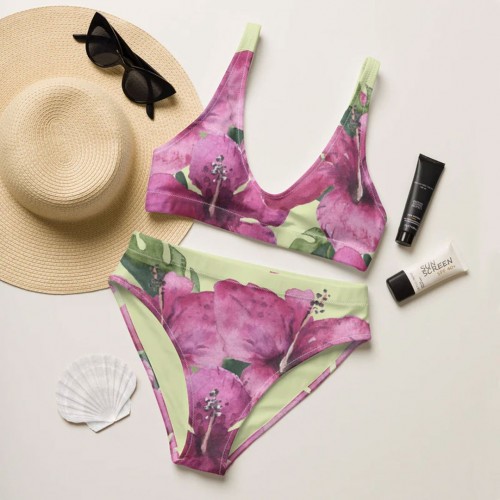 Tropical Flower Recycled high-waisted Bikini pink/green » earlyfish
