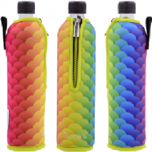 Reusable 0.5 l Glass Water Bottle & Rainbow Fish Neoprene Sleeve » Dora‘s