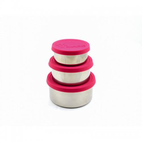 Round stainless steel lunchbox with magenta silicone lid