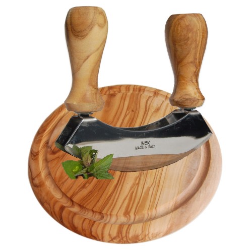 D.O.M. Mincing Knife Design+ & round Olive Wood Chopping Board