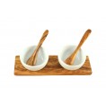 Dipping Bowls Set CLASSIC, porcelain bowls + olive wood tray + sppons