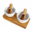 2 Porcelain Dip Bowls FANO on Olive Wood Tray, with Shovels » D.O.M. 