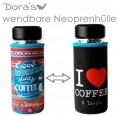 Dora's I love Coffee thermos glass cup with neoprene sleeve